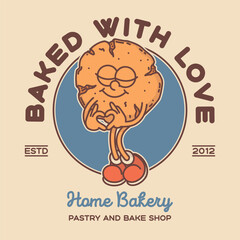 Bakery shop signboard logo template. Retro cookie biscuit mascot for promo banner flyer