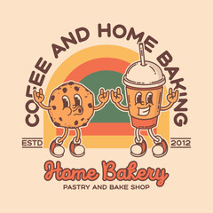 Bakery and coffee shop promo banner flyer signboard logo template. Retro cookie and coffe to go mascot