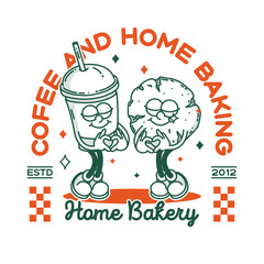Bakery and coffee shop promo banner flyer signboard logo template. Retro cookie and coffe to go mascot