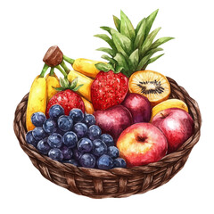 Farm To Table Fruit Basket, watercolor painting vector, isolated on a white background.