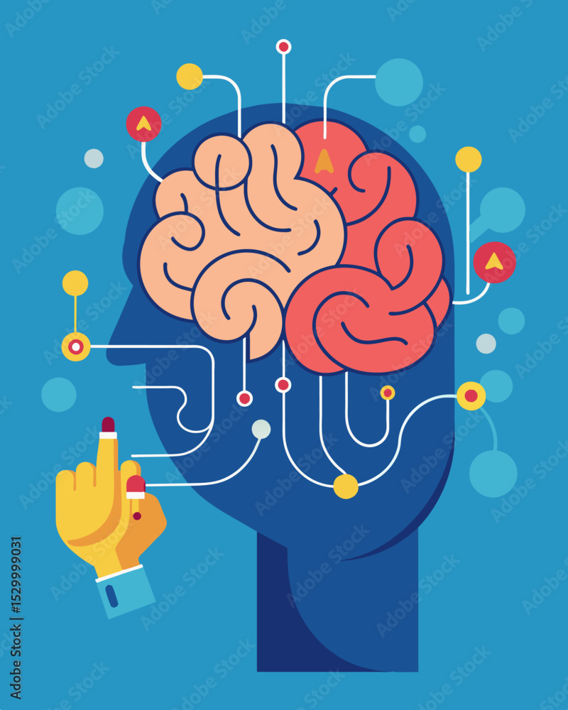 Poster fingers tracing intricate patterns on the surface of a brain as if drawing a map of thoughts and emo