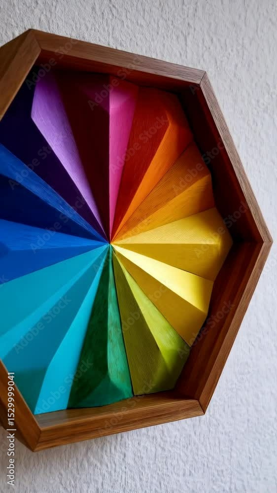 Poster hexagonal wooden framed art featuring a spectrum of vibrant colors radiating from the center point c