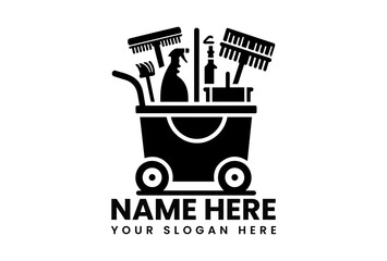 Detailed black vector silhouette of professional janitorial cart stocked with cleaning supplies and equipment