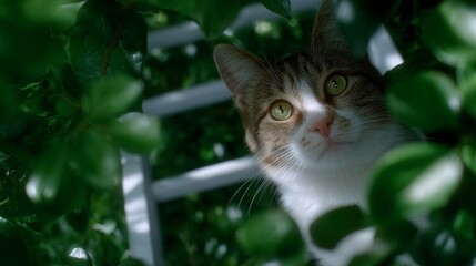 A curious cat peeks through lush green leaves. The image captures the playful spirit of a feline in a vibrant setting. Ideal for nature lovers and cat enthusiasts. AI