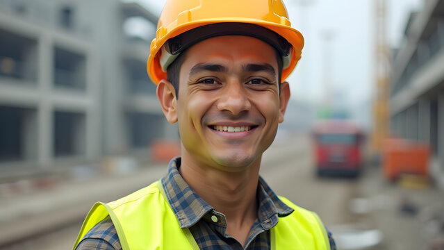 A young Hispanic male construction worker in a hard hat and reflective vest, looking confidently at the camera on a building site.