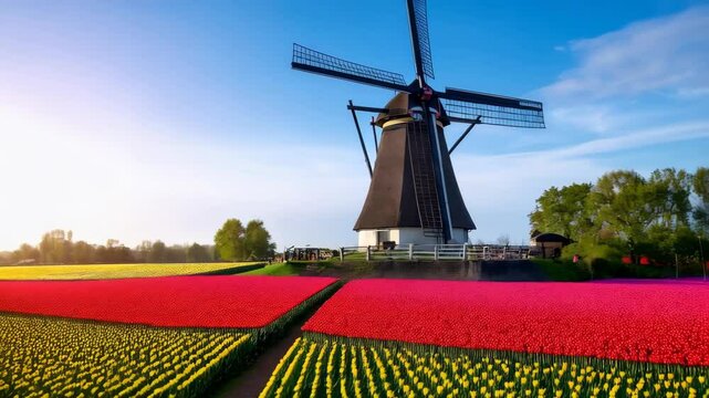 Scenic windmill stands amidst vibrant tulip fields under a bright blue sky, creating a colorful spring landscape