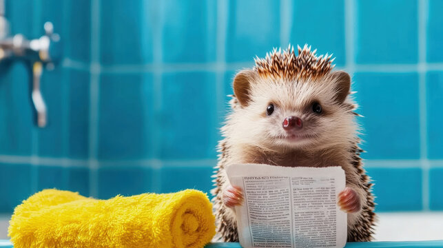 Hedgehog reading a newspaper while relaxing on a bathroom counter