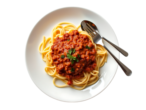 Spaghetti bolognese on a white plate, spoon and fork on the side of the plate,