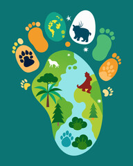 A footprint filled with tiny images of endangered animals highlighting the connection between human consumption and loss of biodiversity.. Vector illustration