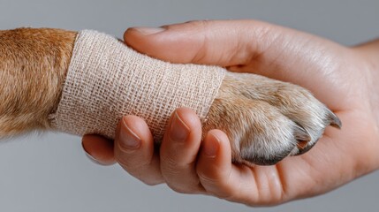 A human hand gently holding a bandaged dog paw to promote World Rabies Day awareness