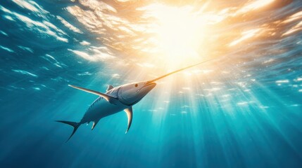 An impressive photograph captures a swordfish gliding elegantly through sunlit waters, illustrating the beauty of marine life and the magic of underwater exploration.