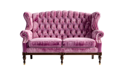 Modern fashionable stylish pink sofa with carriage stitch, buttons, with legs on isolated white background. Furniture, interior object, stylish sofa. Romantic female sofa