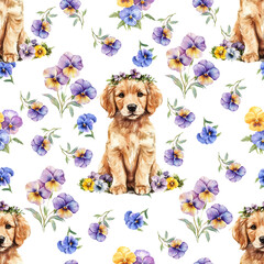 Watercolor illustration of seamless pattern of sitting golden retriever dog on white background