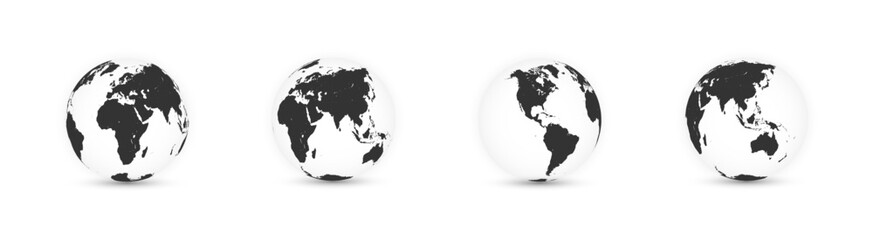 Globe black continents silhouette vector collection. Black continent silhouettes on globes
