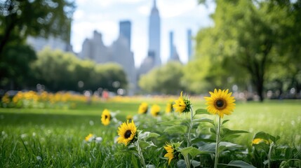 Sunflowers in a park with a city skyline in the background