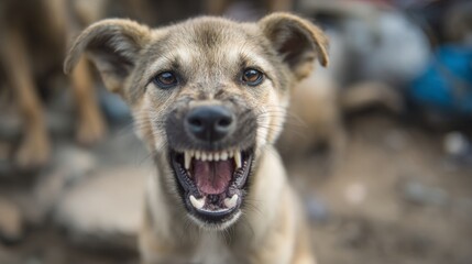 Aggressive stray dog baring teeth symbolizing rabies threat for World Rabies Day awareness