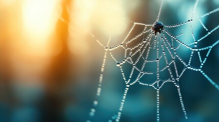 A close-up view of a spider web adorned with glistening dew drops, set against a softly blurred background filled with gentle light, capturing nature's intricate designs.