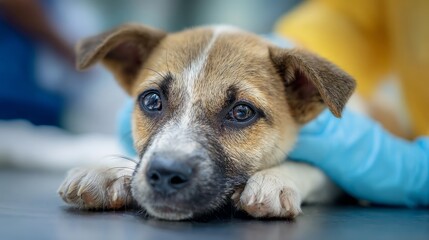Sad puppy comforted by human hand promoting compassion and protection on World Rabies Day