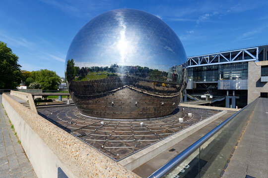 The view of La Geode a futuristic building with a cinema using the Imax technology, Park of La Villette. France.