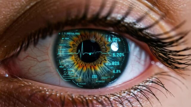 Eye scan technology concept: futuristic eye with data overlay, health monitoring and biometric analysis - Powered by Adobe