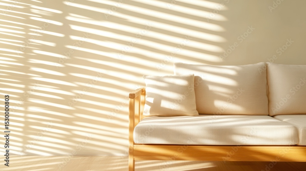Poster a serene minimalist scene featuring a modern sofa casting gentle shadows on a light wall, creating a