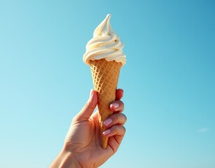 woman hand holding an icecream cone. blue sky on background. summer vibes
