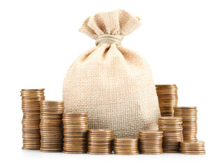 Bag and stacked coins isolated on white