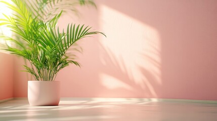 Sunlight streams through a window, illuminating a potted palm tree in a pastel pink room