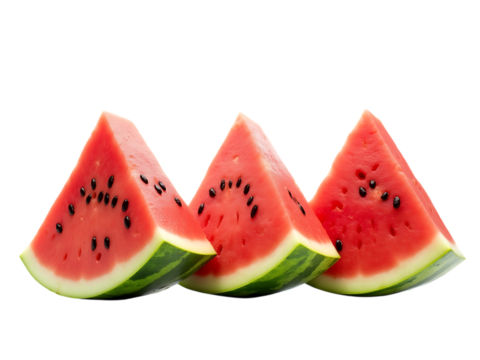 Three pieces of watermelon, standing in a row, white background, natural green color,tasty,part,slice