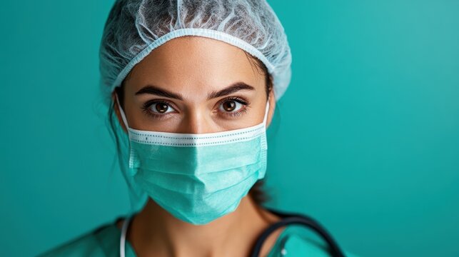 A determined medical professional wearing surgical attire and a protective mask gazes directly at the camera, symbolizing dedication, care, and commitment to health and well-being.