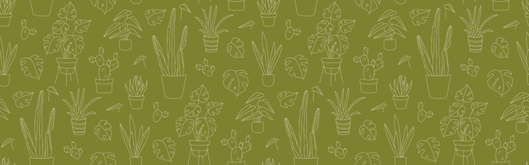 Seamless Doodle Pattern of Houseplants in Pots Line Art Monstera, Cactus, Aloe