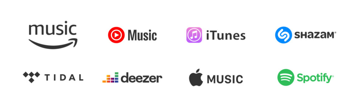 Music streaming services vector logotype set. Amazon music, Youtube music, ITunes. Zdolbuniv, Ukraine - May 3, 2025