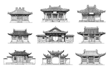 vector drawing chinese japanese house temple .Generative AI