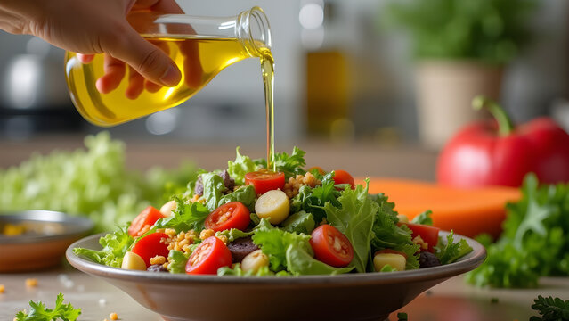 Pouring oil on a fresh colorful salad on a kitchen counter for a healthy lunch
