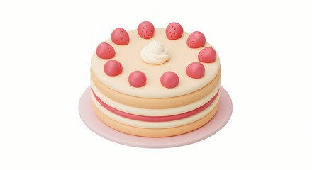 Strawberry Topped Cake on Pink Plate, Creamy Delight