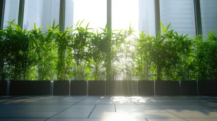 Sunlight streams through a window, illuminating a row of potted bamboo plants