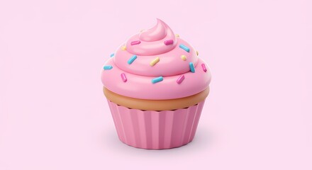 Pink Frosted Cupcake with Sprinkles on a Pink Background