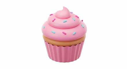 Pink Frosted Cupcake with Sprinkles on White Background