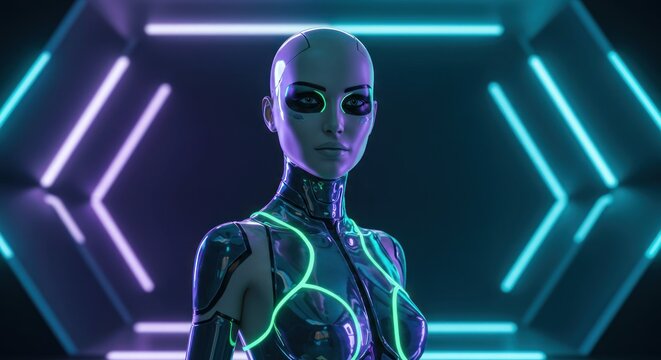 Futuristic robot woman in neon light
