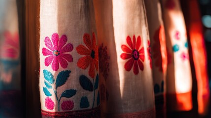 Colorful embroidered fabric with floral patterns, showcasing intricate designs and vibrant hues, illuminated by soft natural light, creating a warm and inviting atmosphere