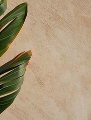 Green tropical leaves partially frame a textured beige wall, creating a serene and natural atmosphere, ideal for backgrounds and design projects with copy space