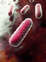 Close-up view of vibrant pink bacteria with textured surface, floating in a dark fluid environment, showcasing microscopic life and biological processes in a detailed illustration