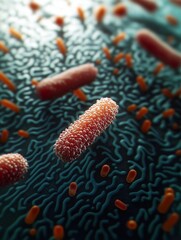 Microscopic view of colorful bacteria, showcasing intricate details and textures, floating in a fluid environment, representing the complexity of microbial life and its significance in ecosystems