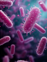 Microscopic view of vibrant pink bacteria floating in a dark background, showcasing intricate details and textures, representing the complexity of microbial life in a scientific context