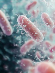 Close-up view of colorful bacteria in a microscopic environment, showcasing intricate details and textures, representing the complexity of microbial life and its significance in ecosystems