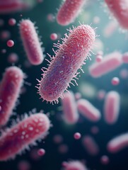 Close-up view of vibrant pink bacteria with intricate surface details, floating in a microscopic environment, showcasing the complexity of microbial life and its significance in science