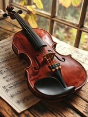 Fototapeta premium Close-up of a beautifully crafted wooden violin resting on sheet music, showcasing intricate details and rich textures, evoking a sense of musical artistry and passion for music