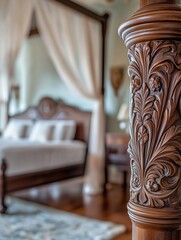 Intricately carved wooden post showcasing floral designs, with a beautifully decorated bedroom featuring a plush bed and elegant drapery in the background, creating a luxurious ambiance