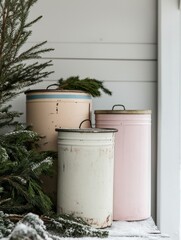Vintage storage containers in pastel colors, arranged with greenery, create a charming rustic scene, enhancing the cozy atmosphere of a winter setting with natural elements