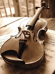 Close-up of a beautifully crafted wooden violin resting on sheet music, showcasing intricate details and textures, evoking a sense of musical artistry and craftsmanship
